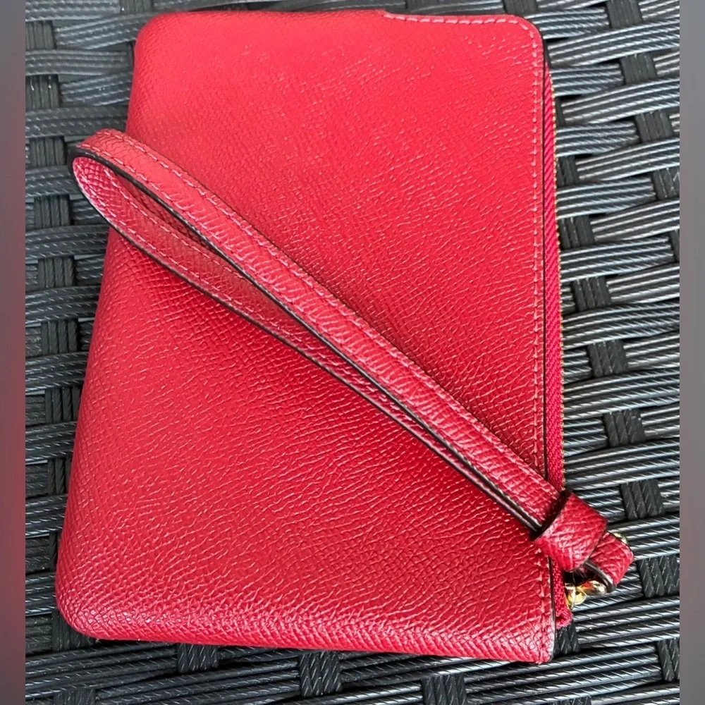 Coach Red Pebbled Leather Wristlet with Gold Logo